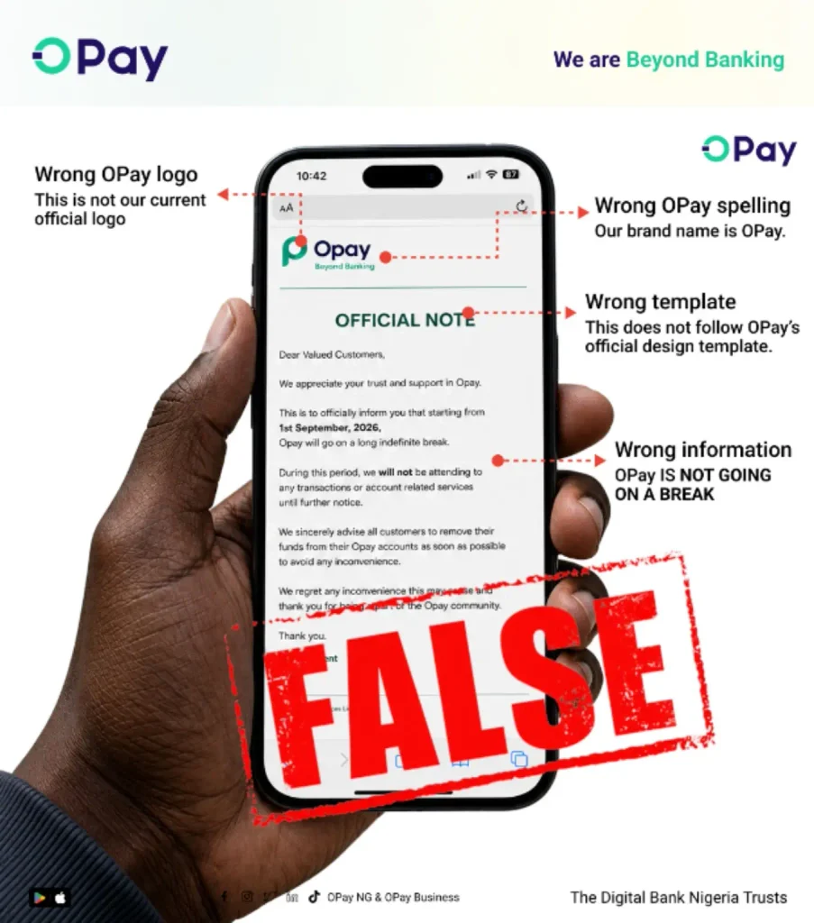 OPay Shutdown Rumour: Company Warns Nigerians Not to Believe Viral September 1 Notice